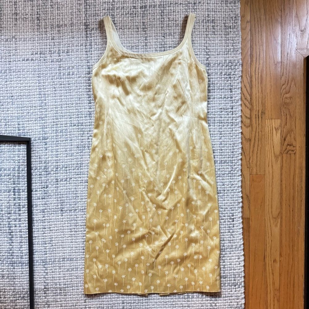 Vintage Louis Feraud Yellow Satin Printed Shift Dress 8